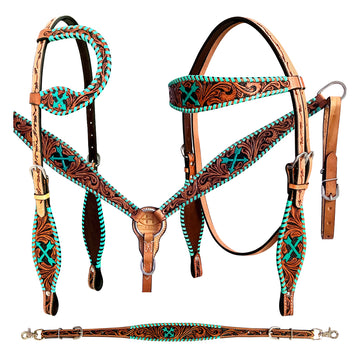 Bar H Equine American Leather Horse Saddle Tack One Ear Headstall | Breast Collar Browband Wither Strap Set BER258